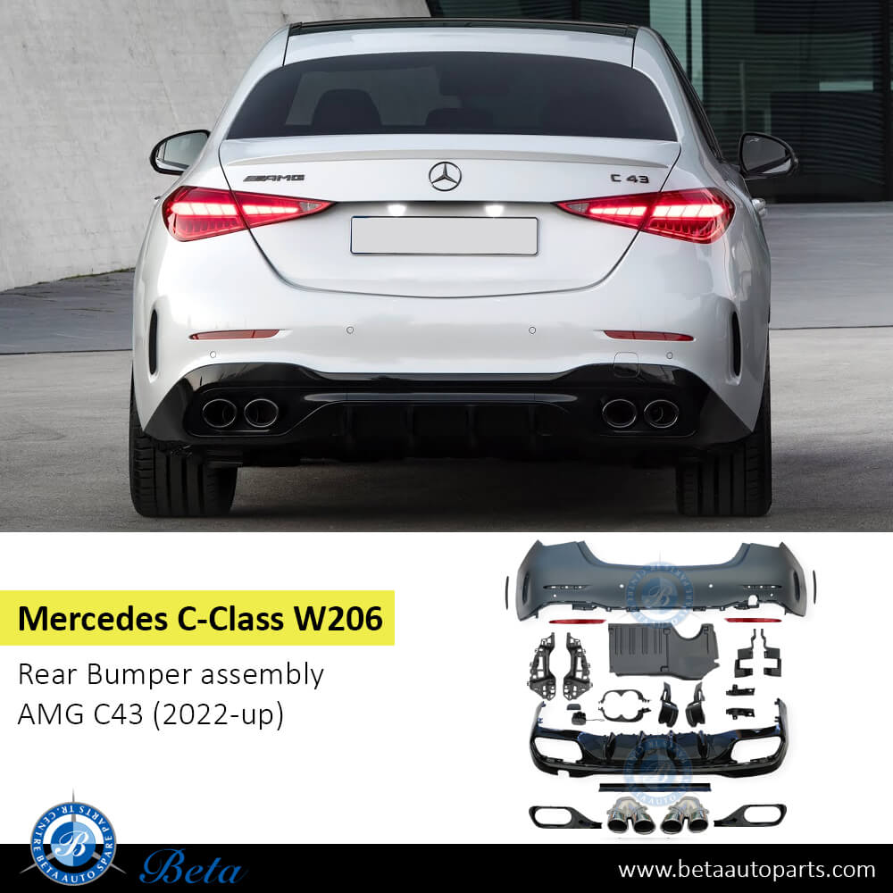 Mercedes C-Class W206 (2022-Up), Rear Bumper AMG C43 with Park Assist, China, 2068850803 Mercedes C-Class W206 (2022-Up), Rear Bumper AMG C43 with Park Assist, China, 2068850803